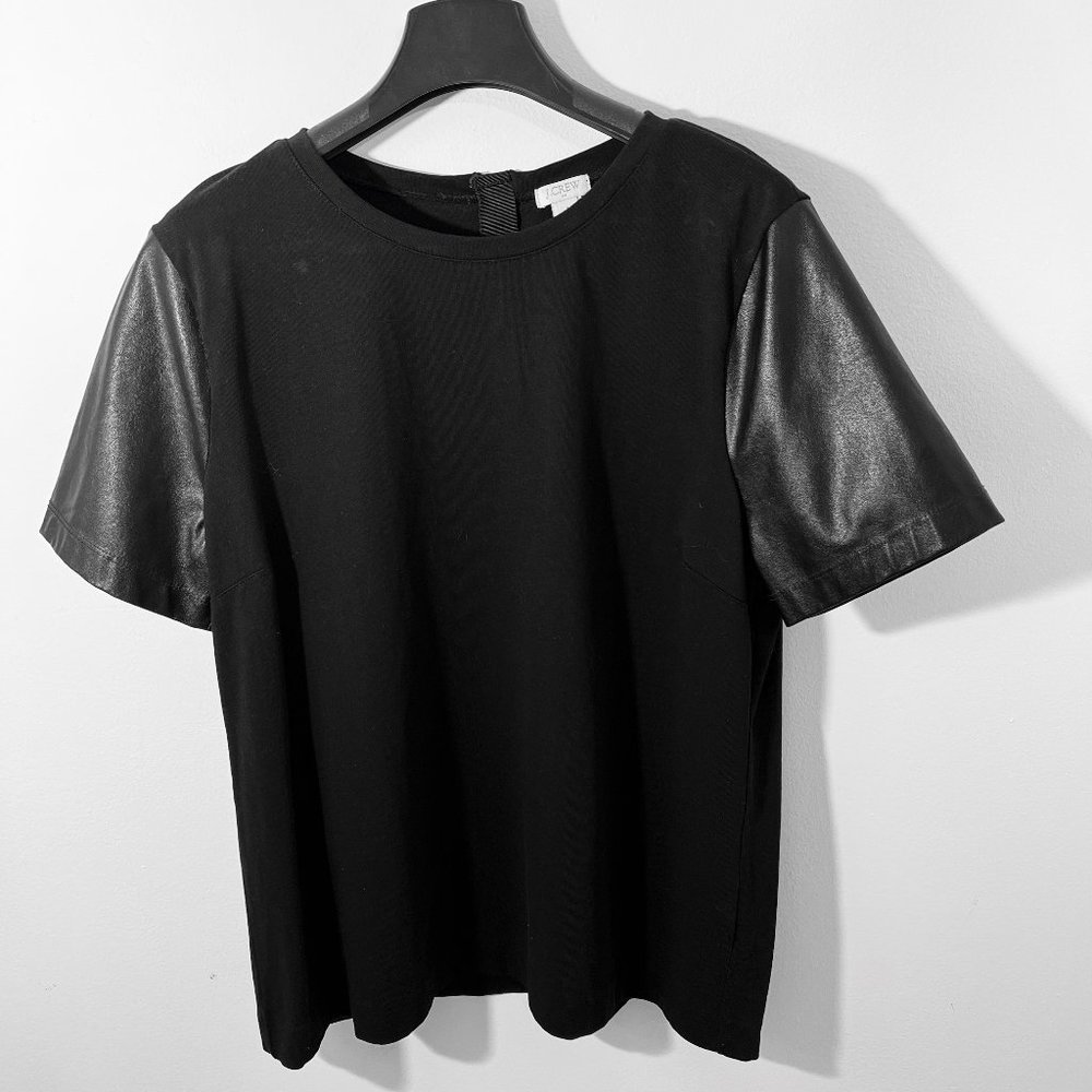 J. Crew Black Top with Black Vegan Leather Sleeves. Size Large.